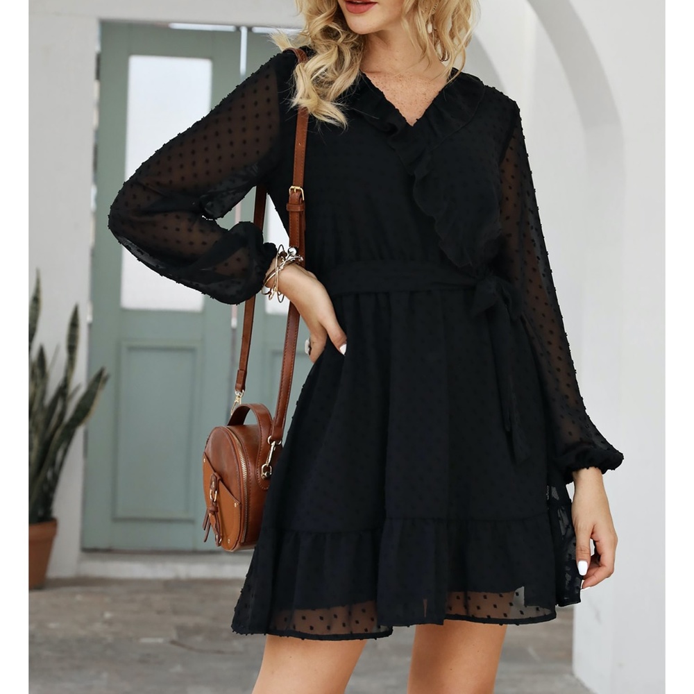 Black Swiss Dot Sheer Sleeves Ruffle Belted Dress - Picture 8 of 10